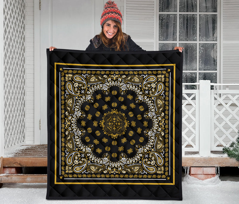Quilt 2 Gold White Bandana on Black with Square