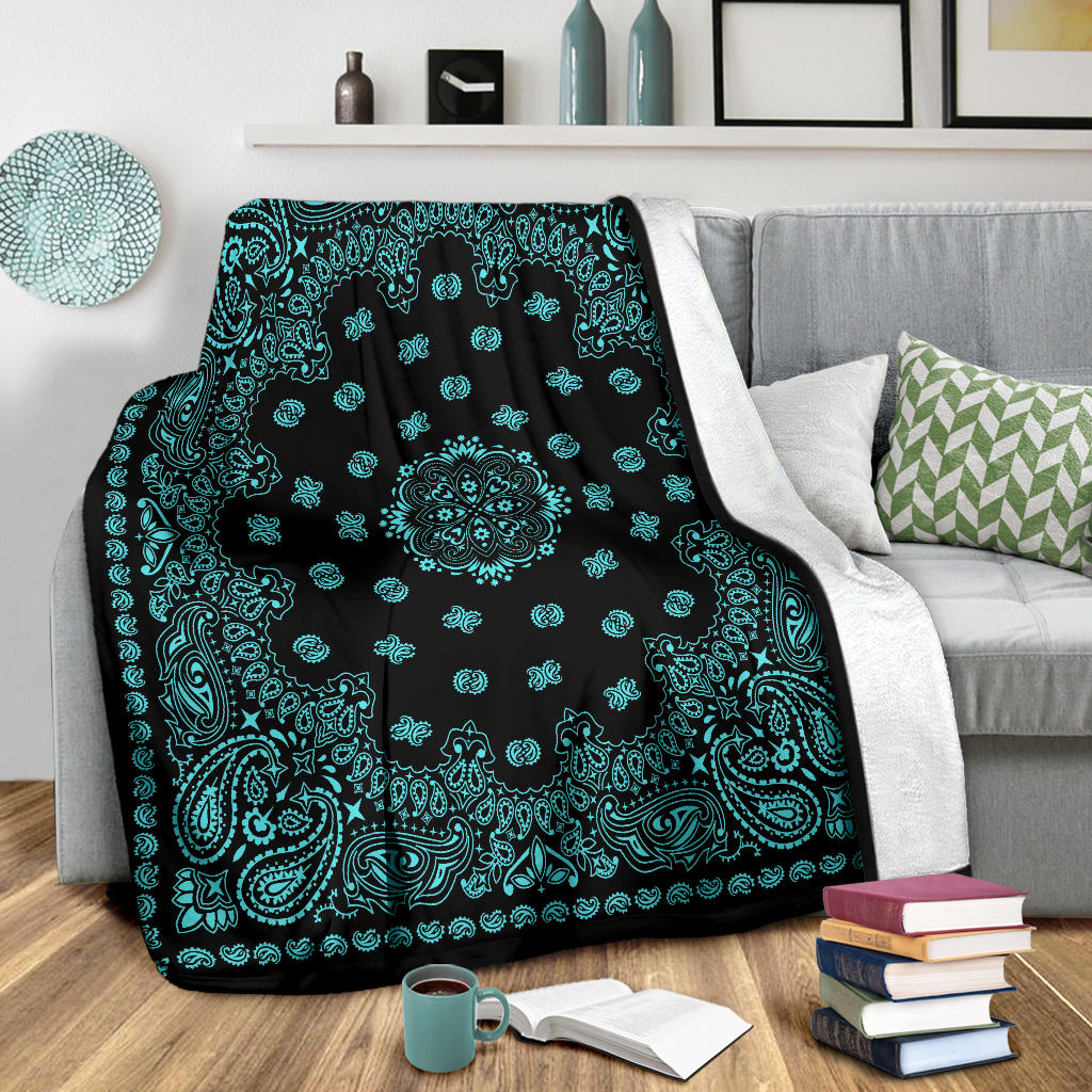 Ultra Plush 2 Lt Teal on Black Bandana Throw Blanket