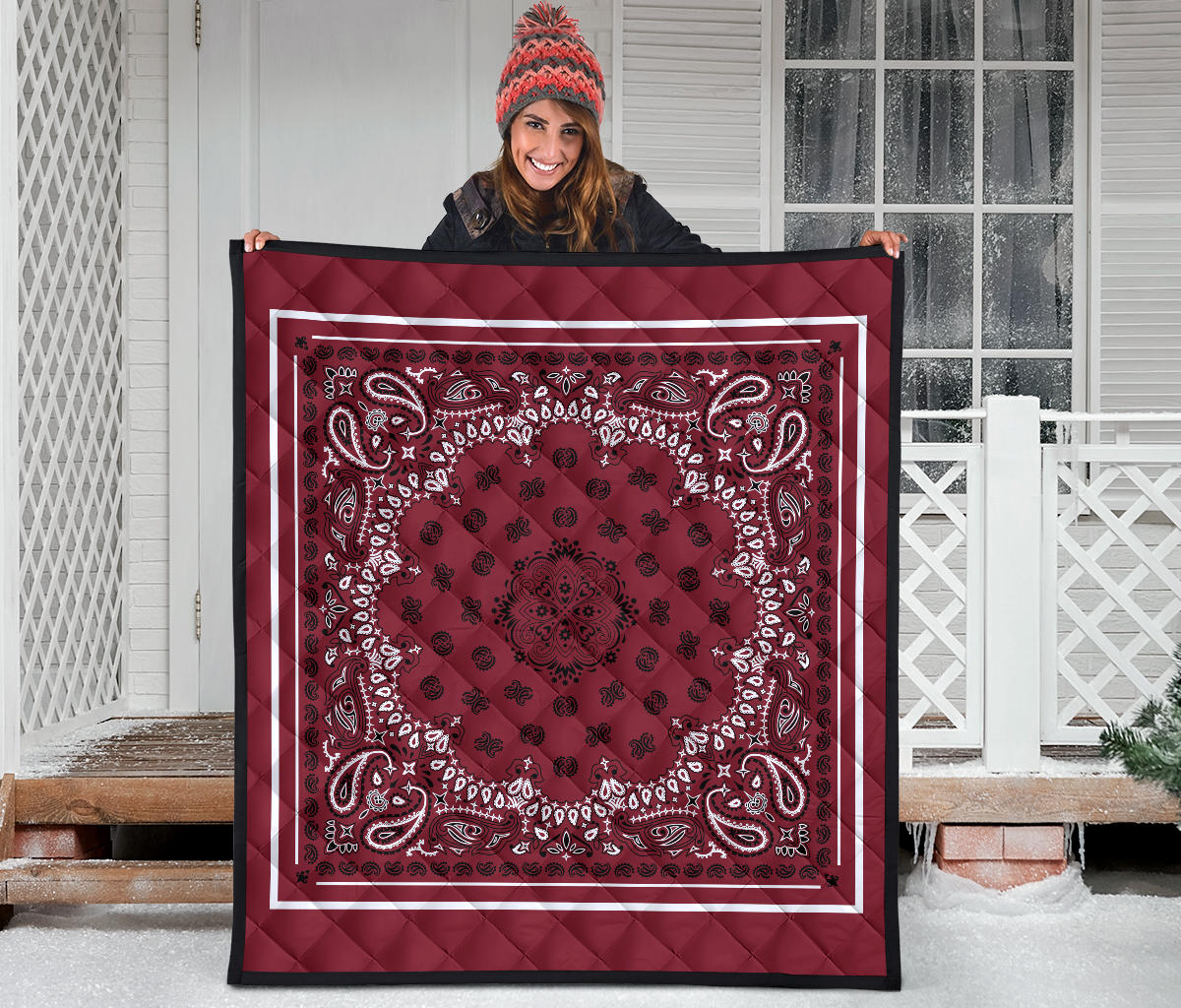 Quilt 2 Black White on Maroon, White Sq