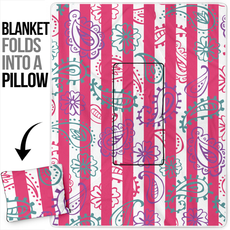 Pillow Blanket - Pink Stripes and Paisley