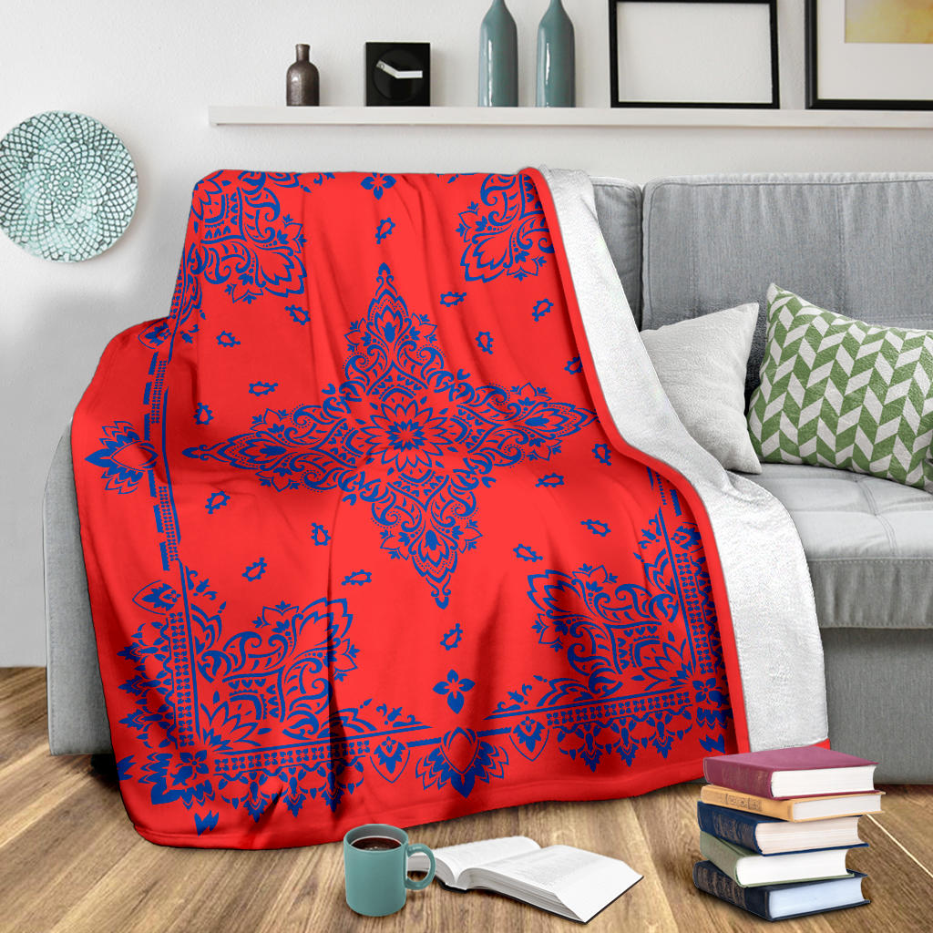 Ultra Plush 3 Cobalt on Red Bandana Throw Blanket