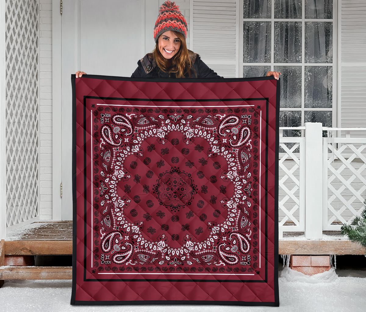Quilt 2 Black White on Maroon Black Sq