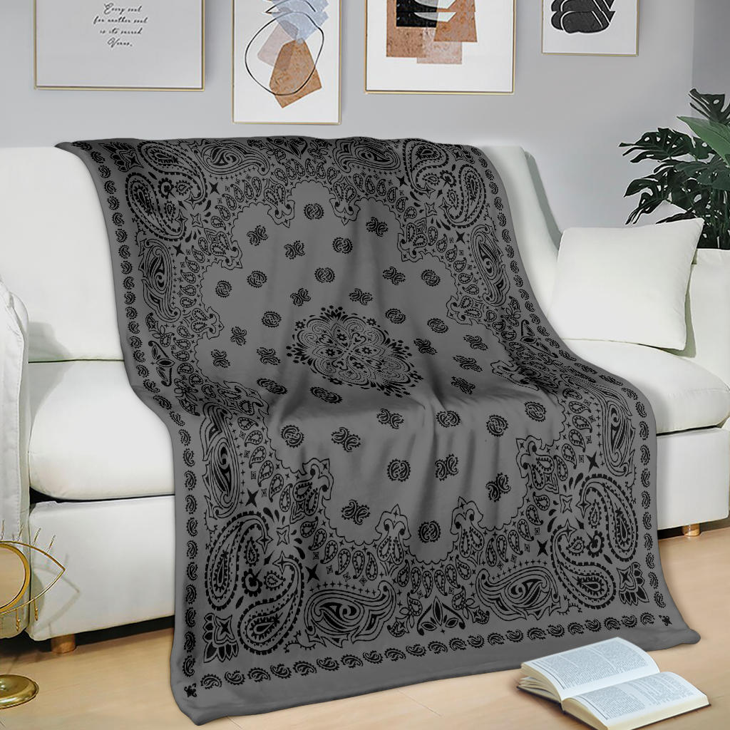 Ultra Plush 2 Black on Gray Bandana Throw Blanket
