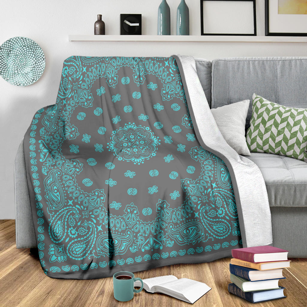 Ultra Plush 2 Lt Teal on Gray Bandana Throw Blanket