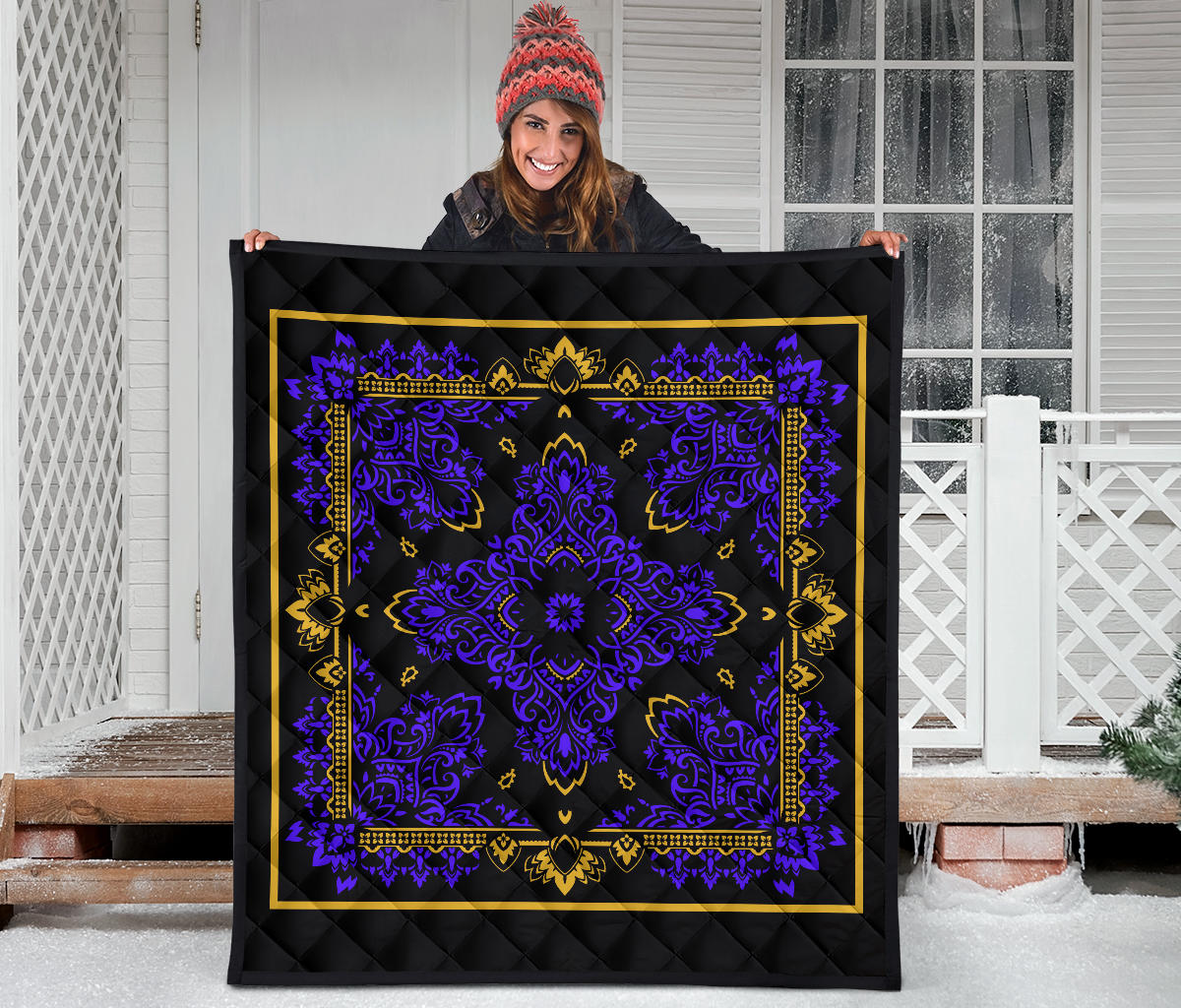 Quilt 3 Violet Gold Bandana on Black w Sq