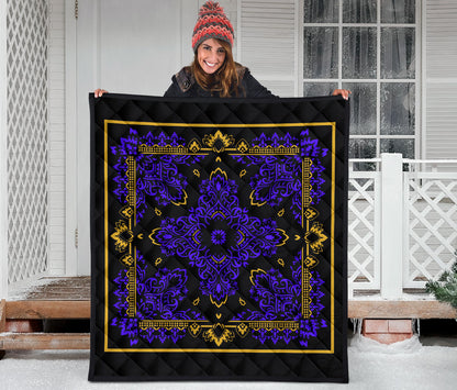 Quilt 3 Violet Gold Bandana on Black w Sq