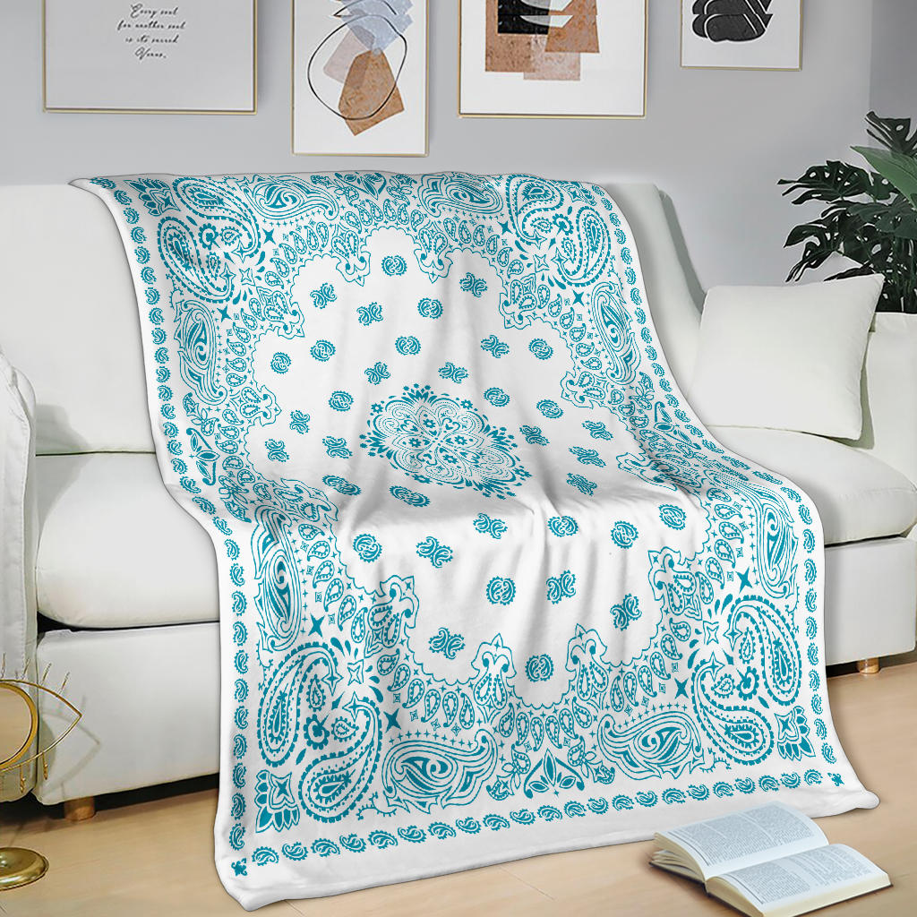 Ultra Plush 2 Teal on White Bandana Throw Blanket