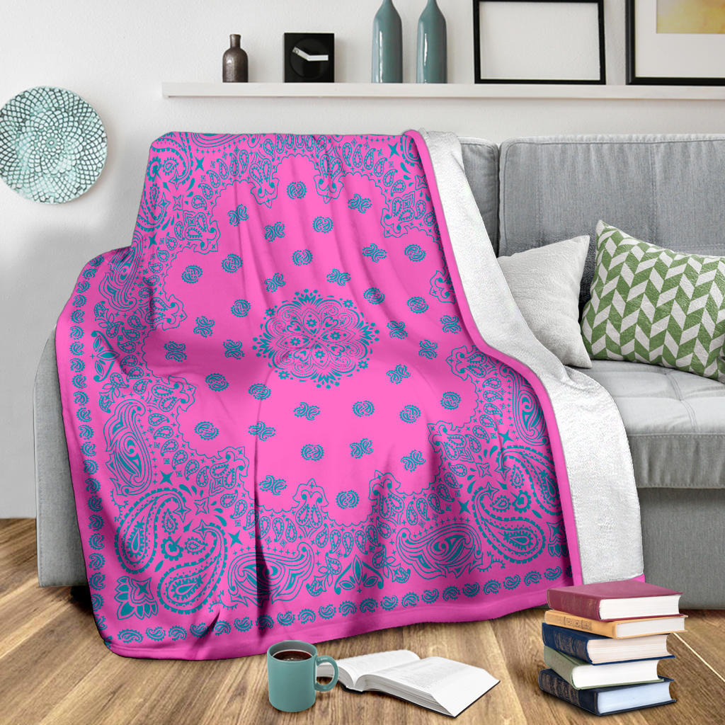 Ultra Plush 2 Teal on Pink Bandana Throw Blanket