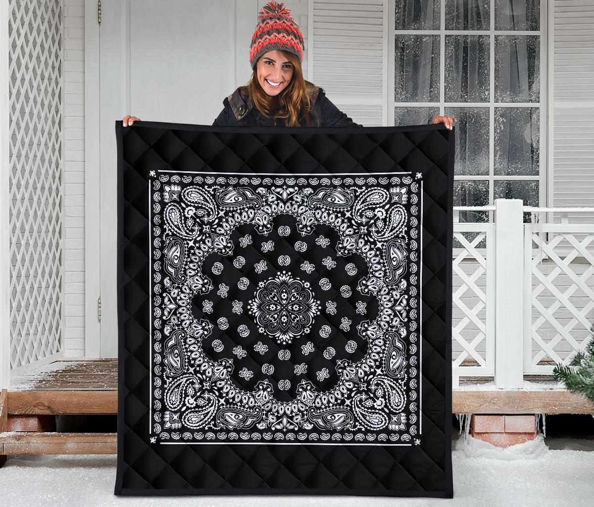 Quilt 2 Square Bandana Style White on Black