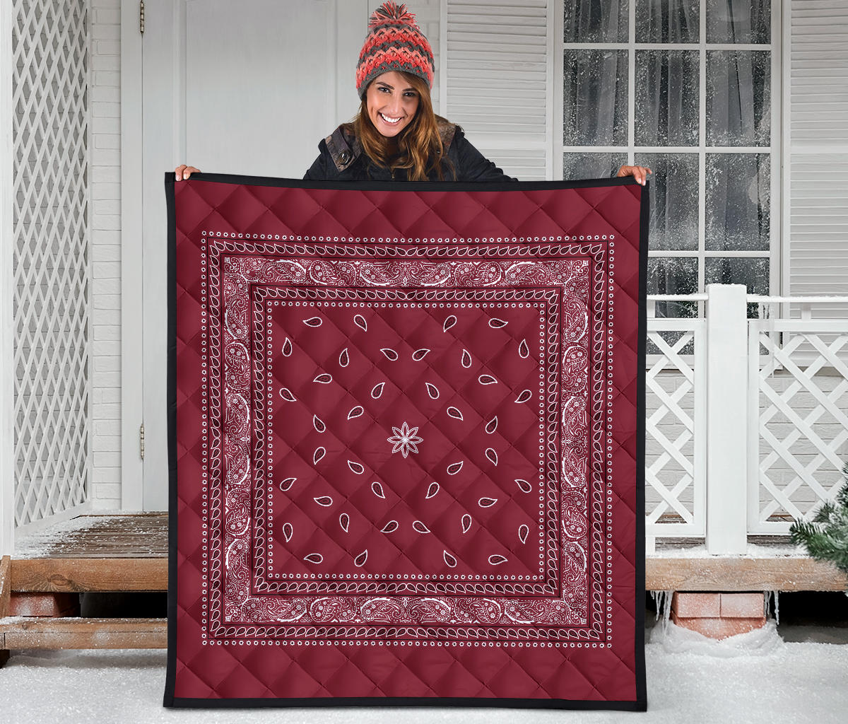 Quilt 4 Black White Bandana on Maroon