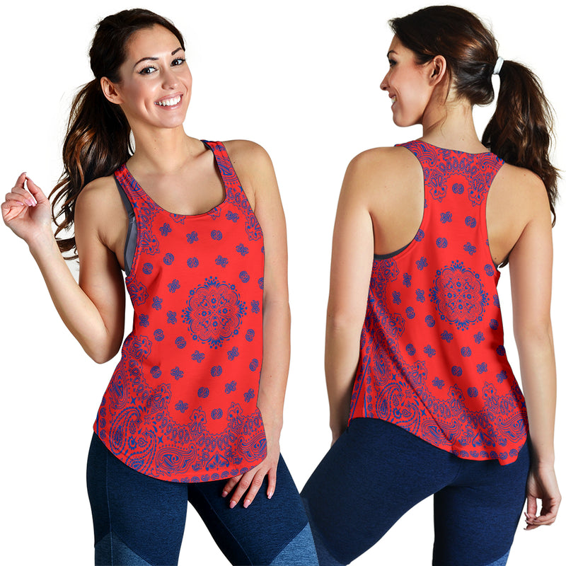 Women's Racerback Tank - Cobalt Bandana on Red