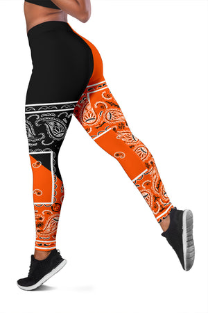 Women's Leggings - Orange Black Bandana