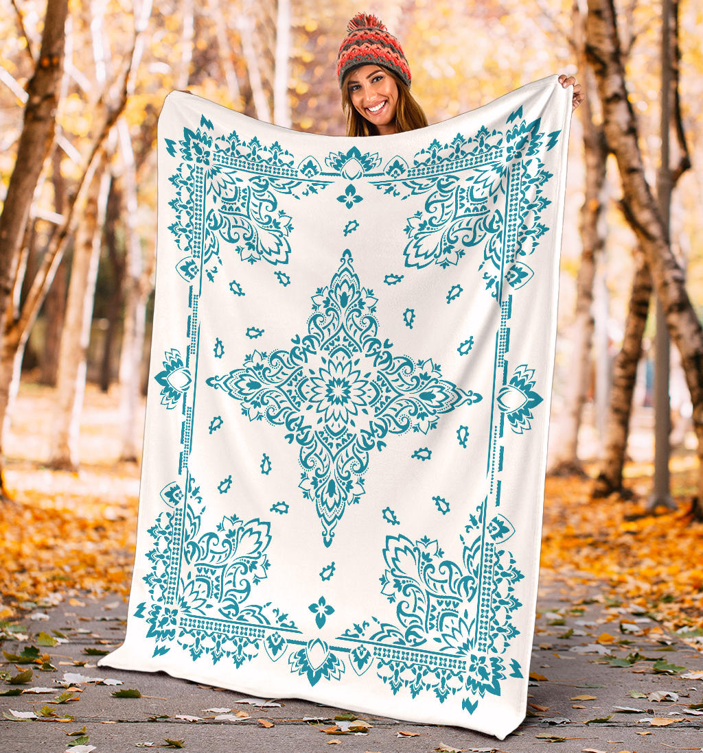 Ultra Plush 3 Teal on White Bandana Throw Blanket