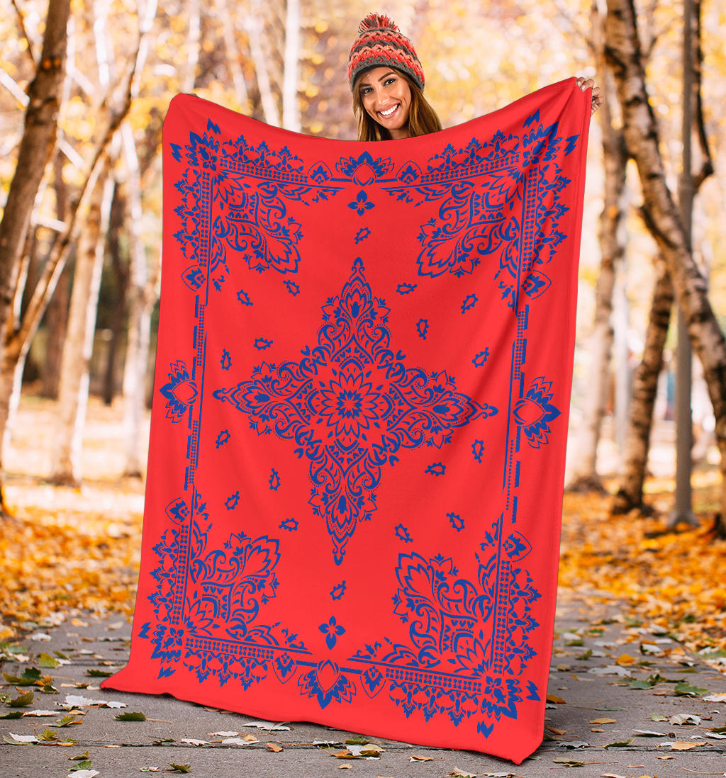 Ultra Plush 3 Cobalt on Red Bandana Throw Blanket