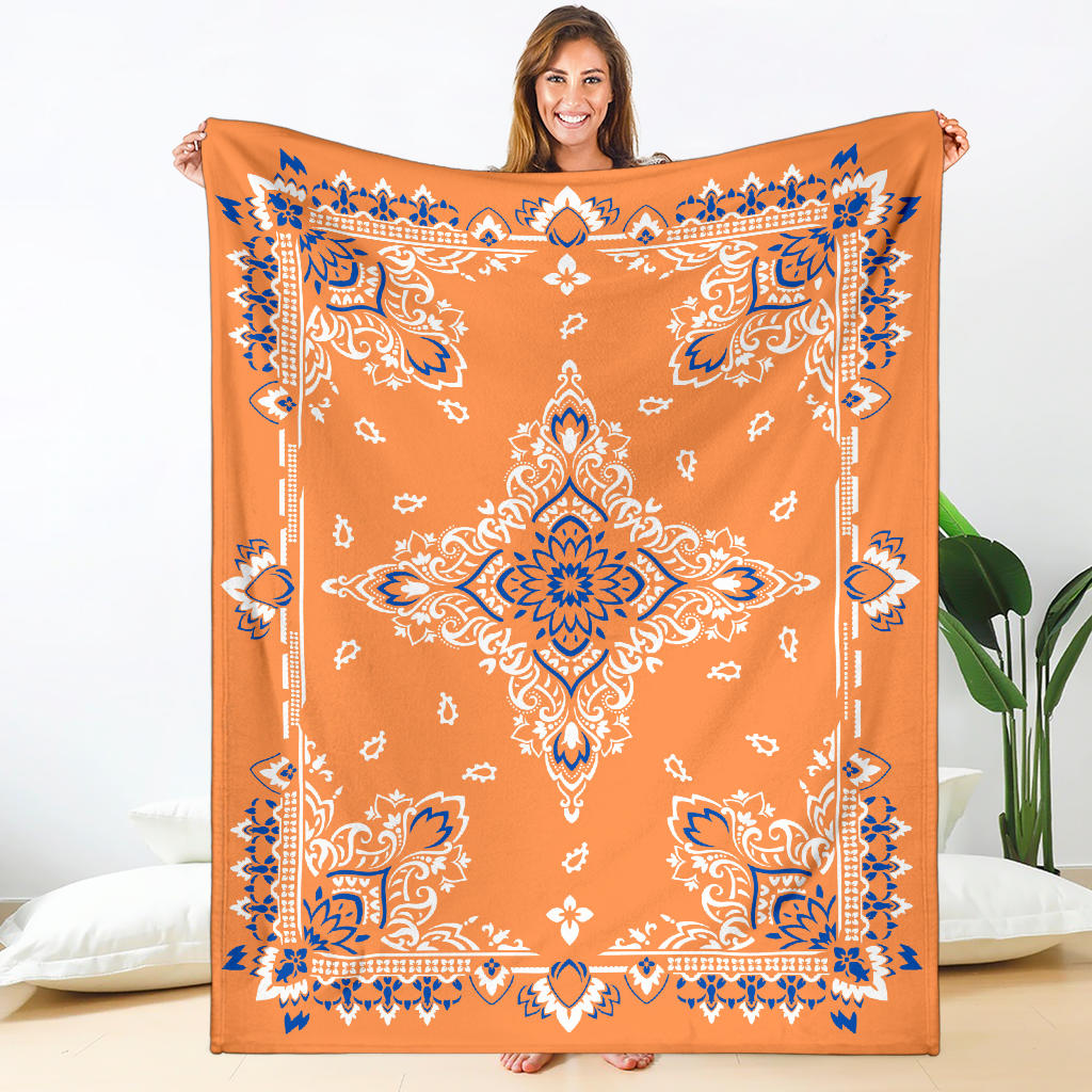 Ultra Plush 3 White/Blue on Orange Bandana Throw Blanket