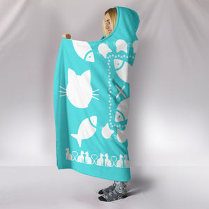 Ultimate Teal Kitties and Fish Hooded Blanket