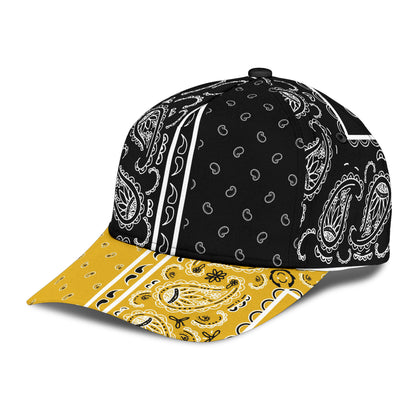 Classic Cap - Black Bandana Style w Gold Bill
