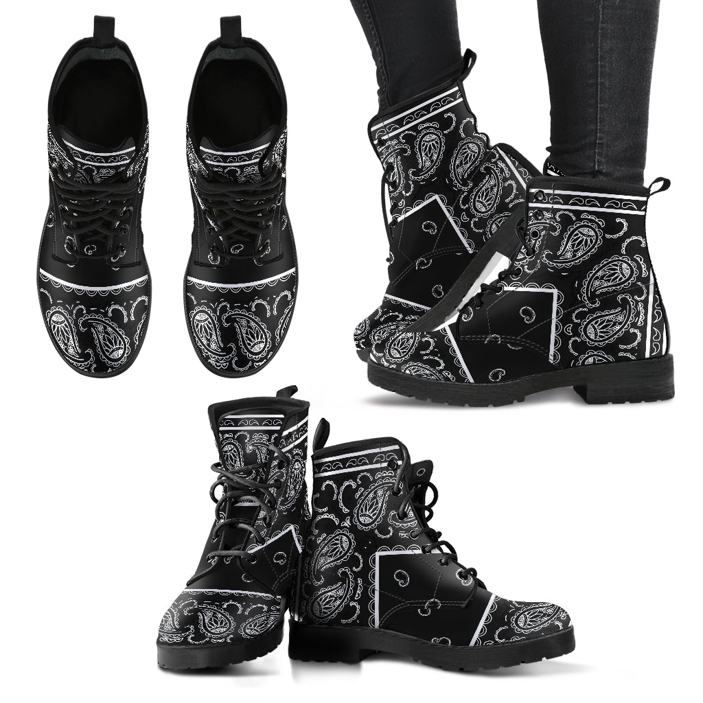 Women's Leather Bandana Boot - Black and White