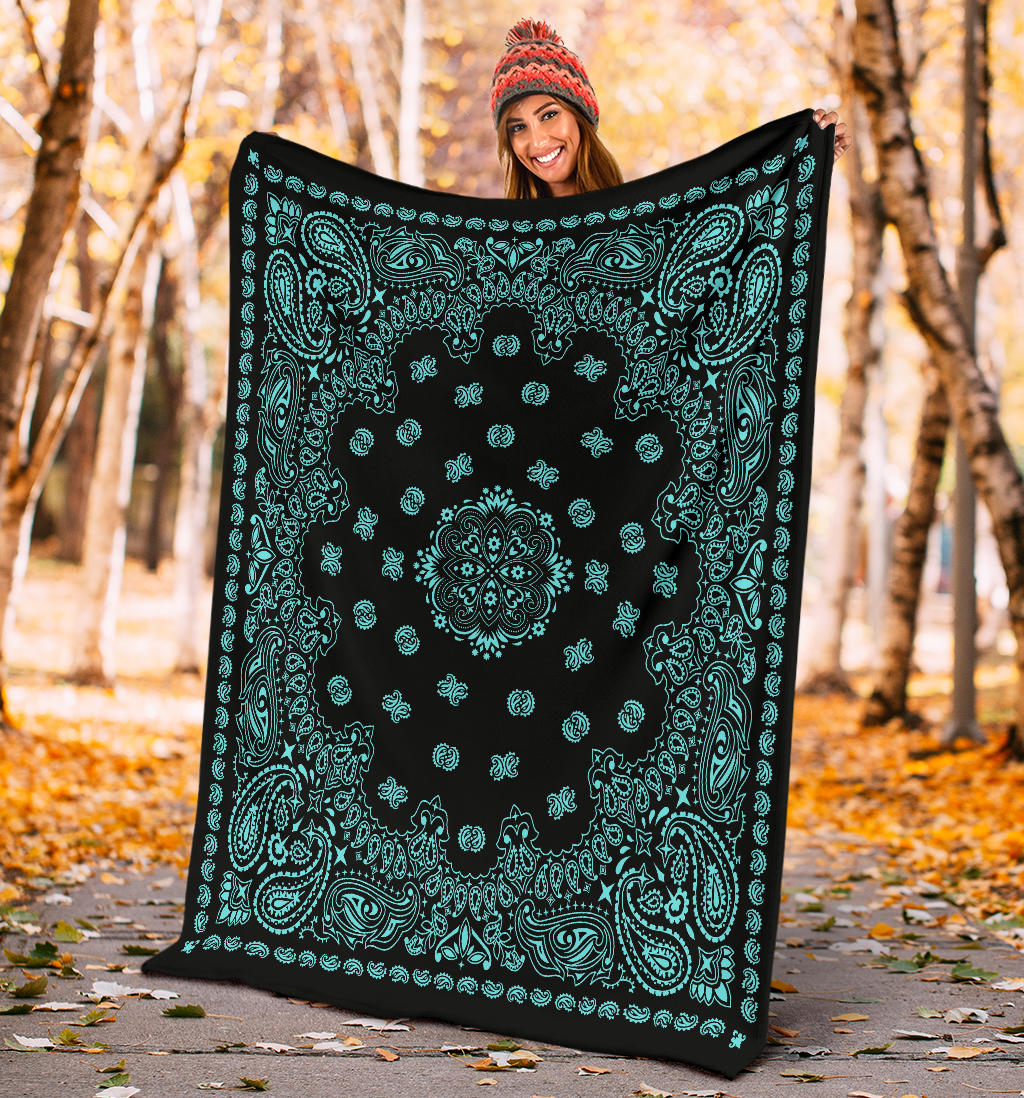 Ultra Plush 2 Lt Teal on Black Bandana Throw Blanket
