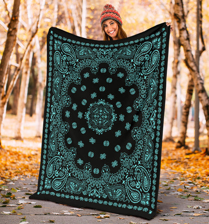 Ultra Plush 2 Lt Teal on Black Bandana Throw Blanket