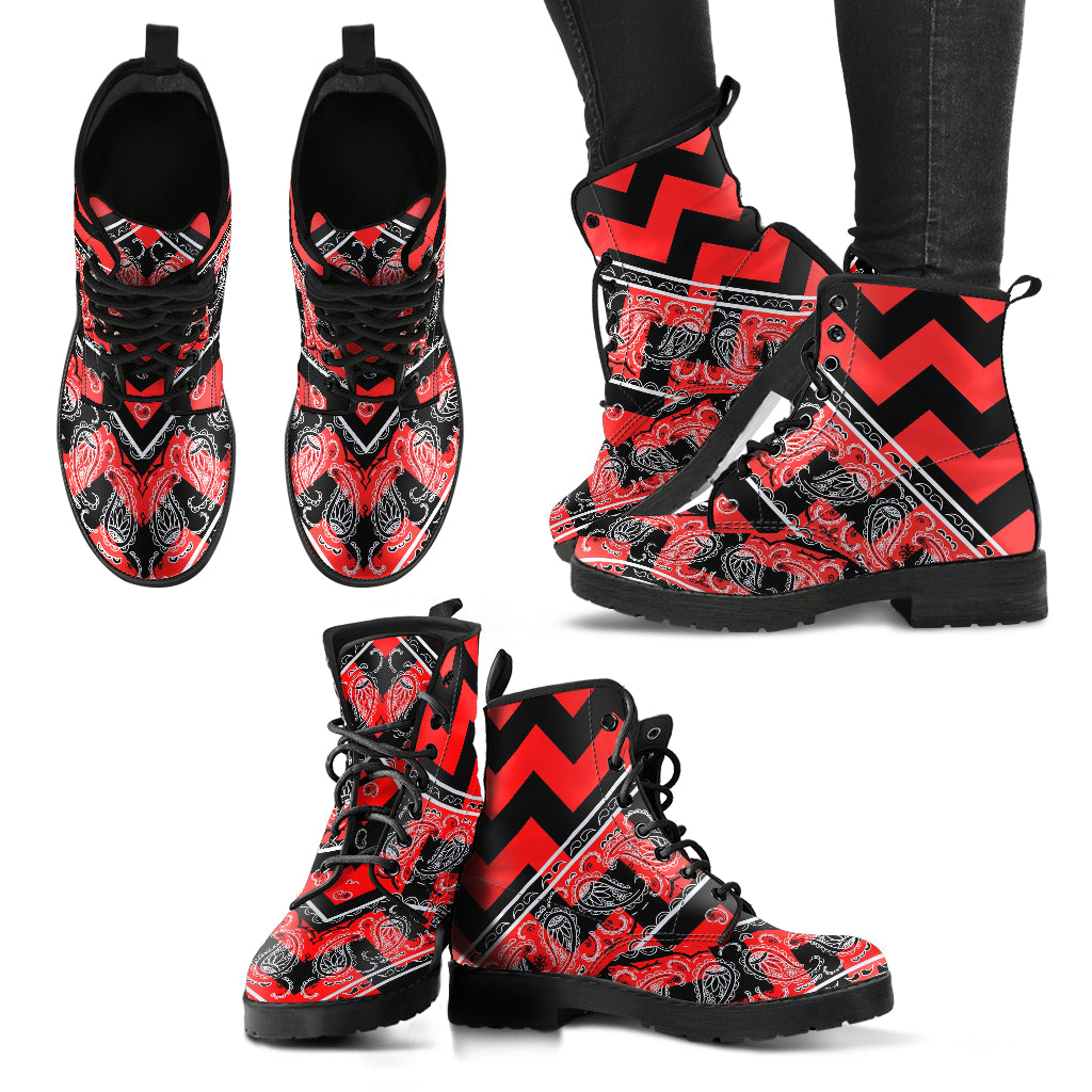 Flying V Zig Zag Leather Bandana Boot - Red Black
