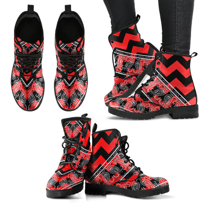 Flying V Zig Zag Leather Bandana Boot - Red Black