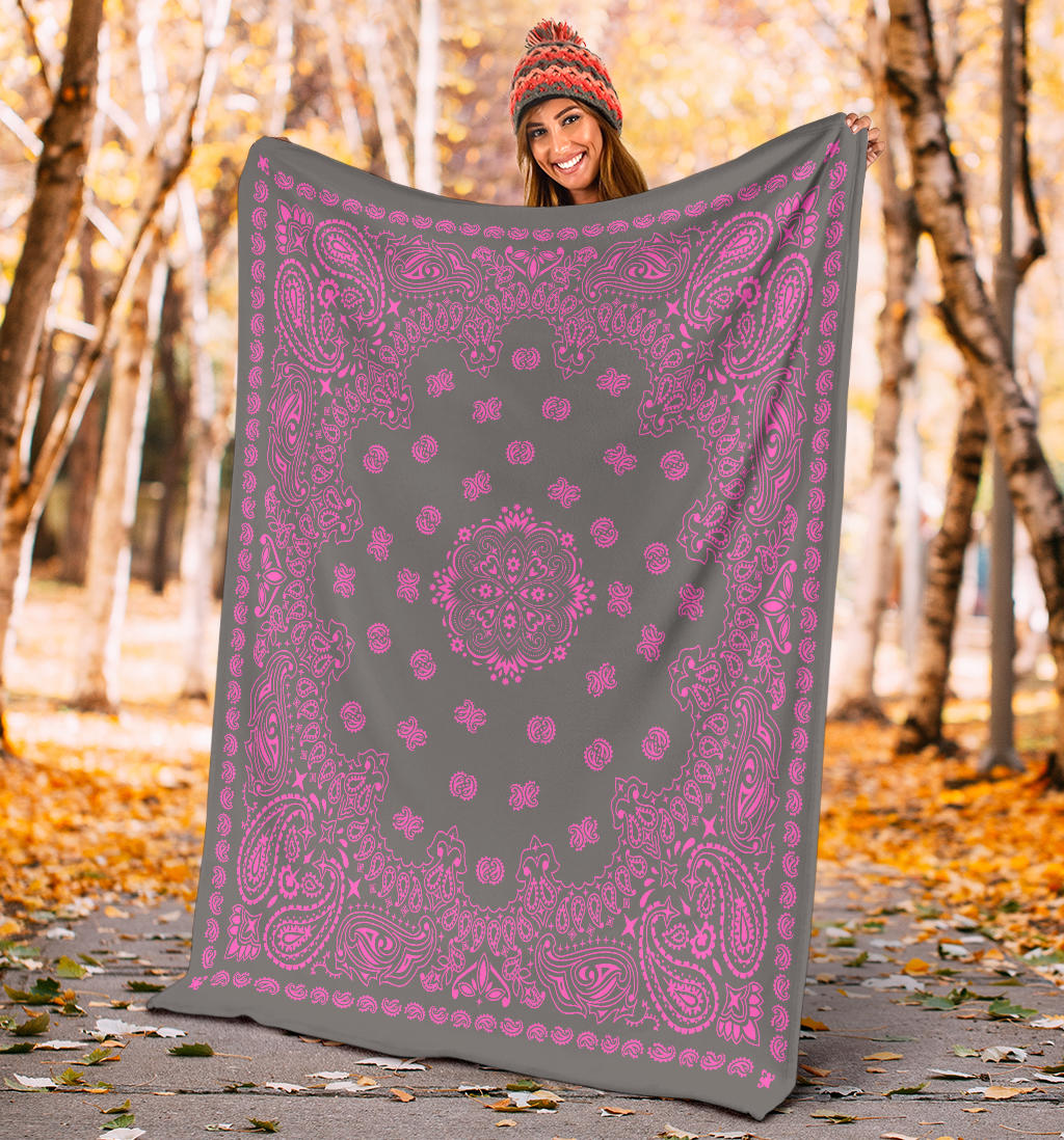 Ultra Plush 2 Pink on Gray Bandana Throw Blanket