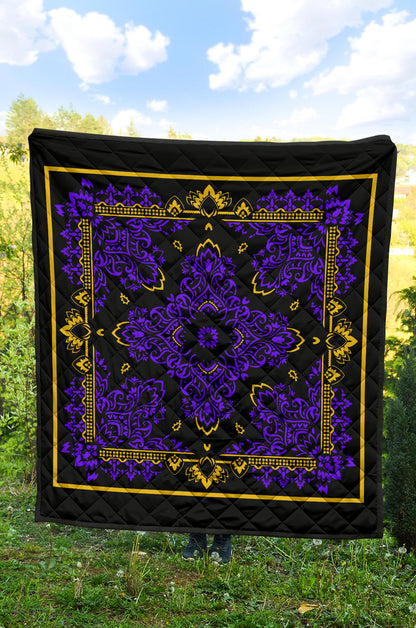 Quilt 3 Violet Gold Bandana on Black w Sq