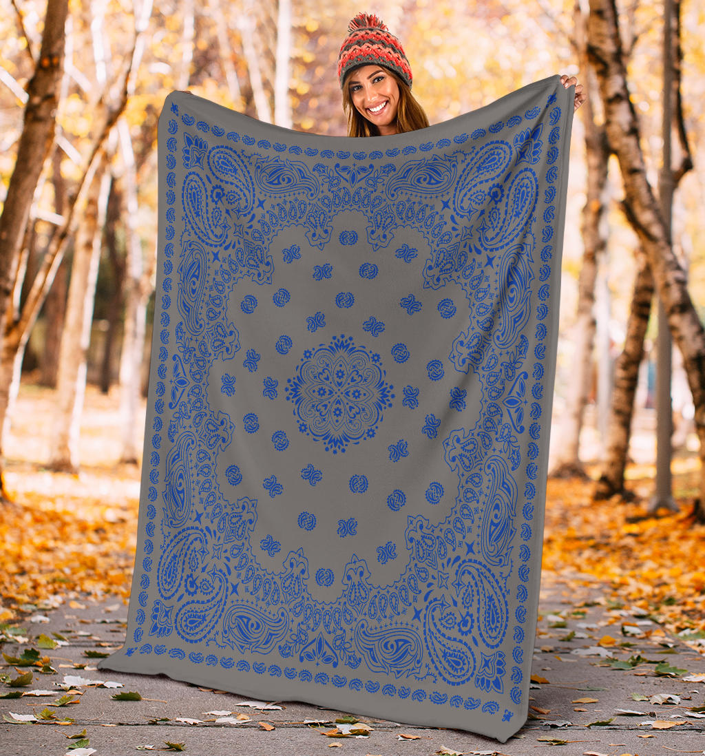 Ultra Plush 2 Cobalt on Gray Bandana Throw Blanket