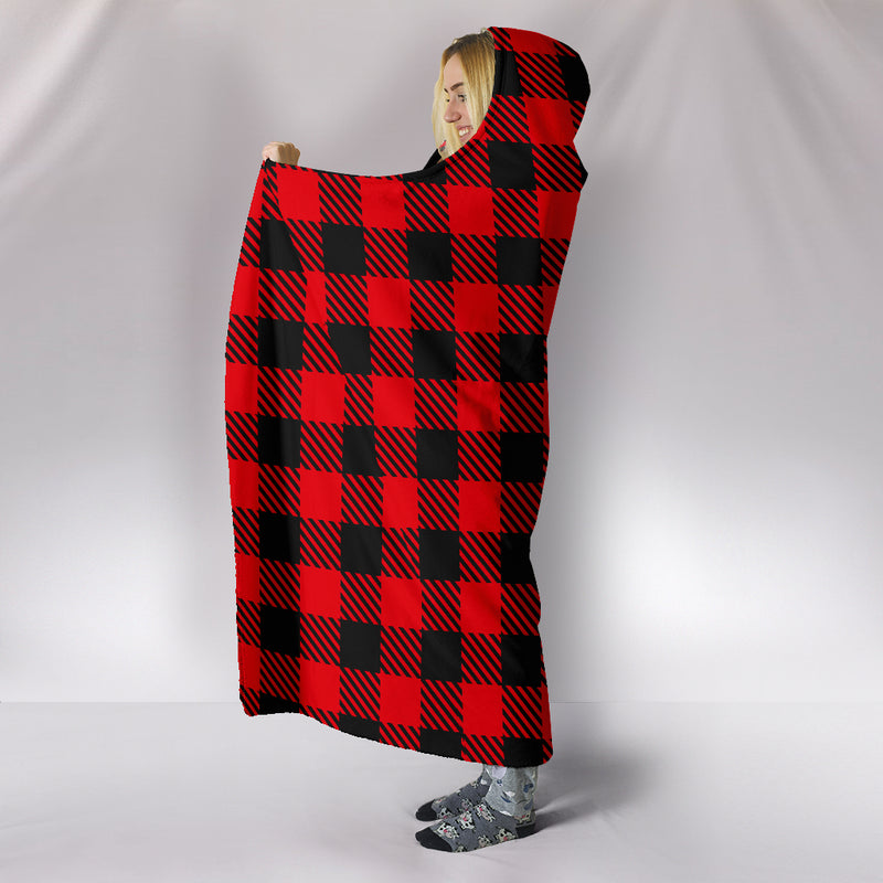 Hooded Blanket - Red Black Tartan Plaid