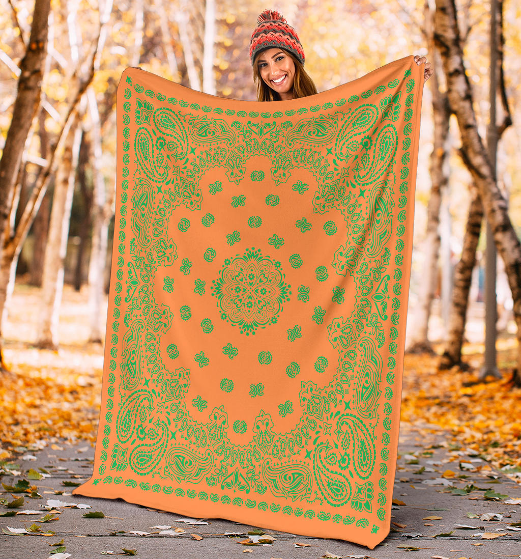 Ultra Plush 2 Green on Orange Bandana Throw Blanket