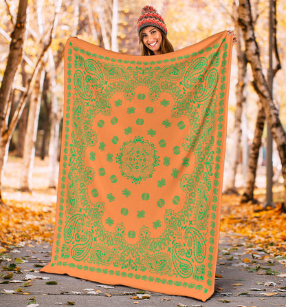 Ultra Plush 2 Green on Orange Bandana Throw Blanket