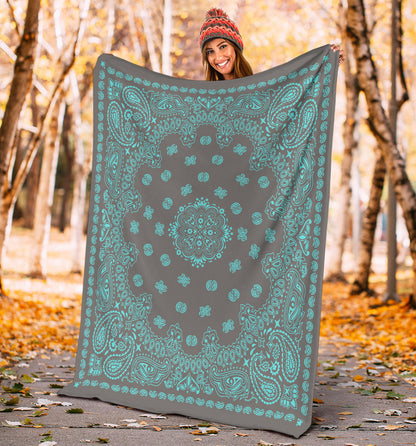 Ultra Plush 2 Lt Teal on Gray Bandana Throw Blanket