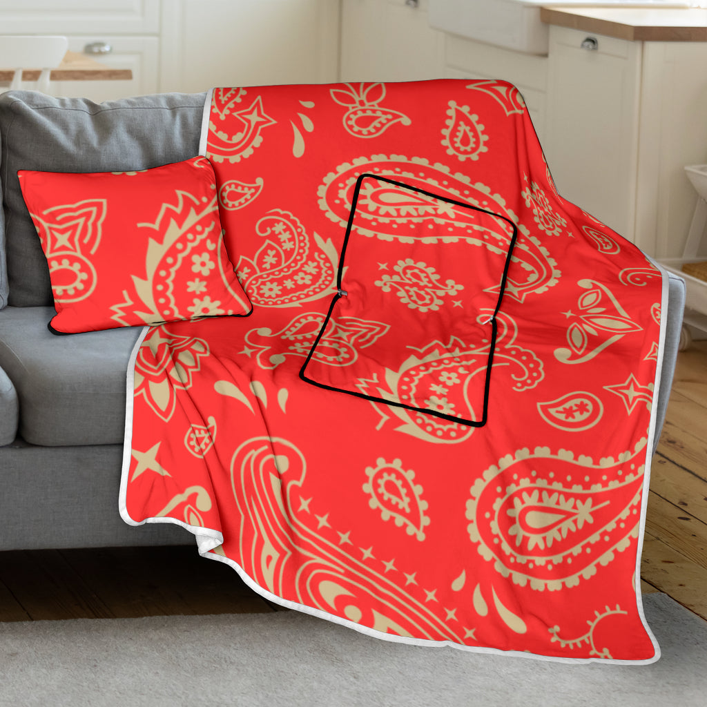 Pillow Blanket - Red and Gold Paisley