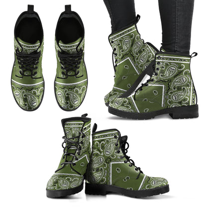 Men's Leather Bandana Boots - Army Green
