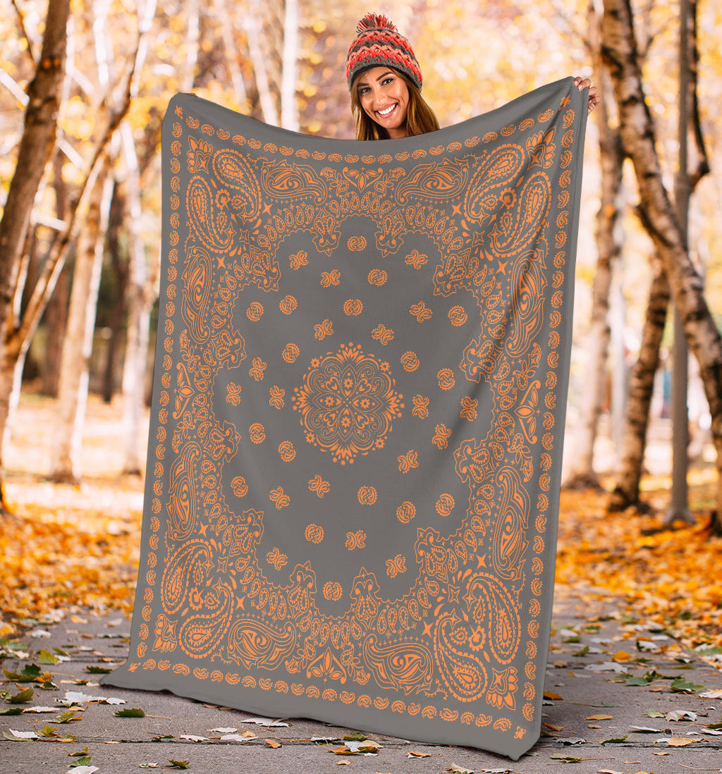 Ultra Plush 2 Orange on Gray Bandana Throw Blanket
