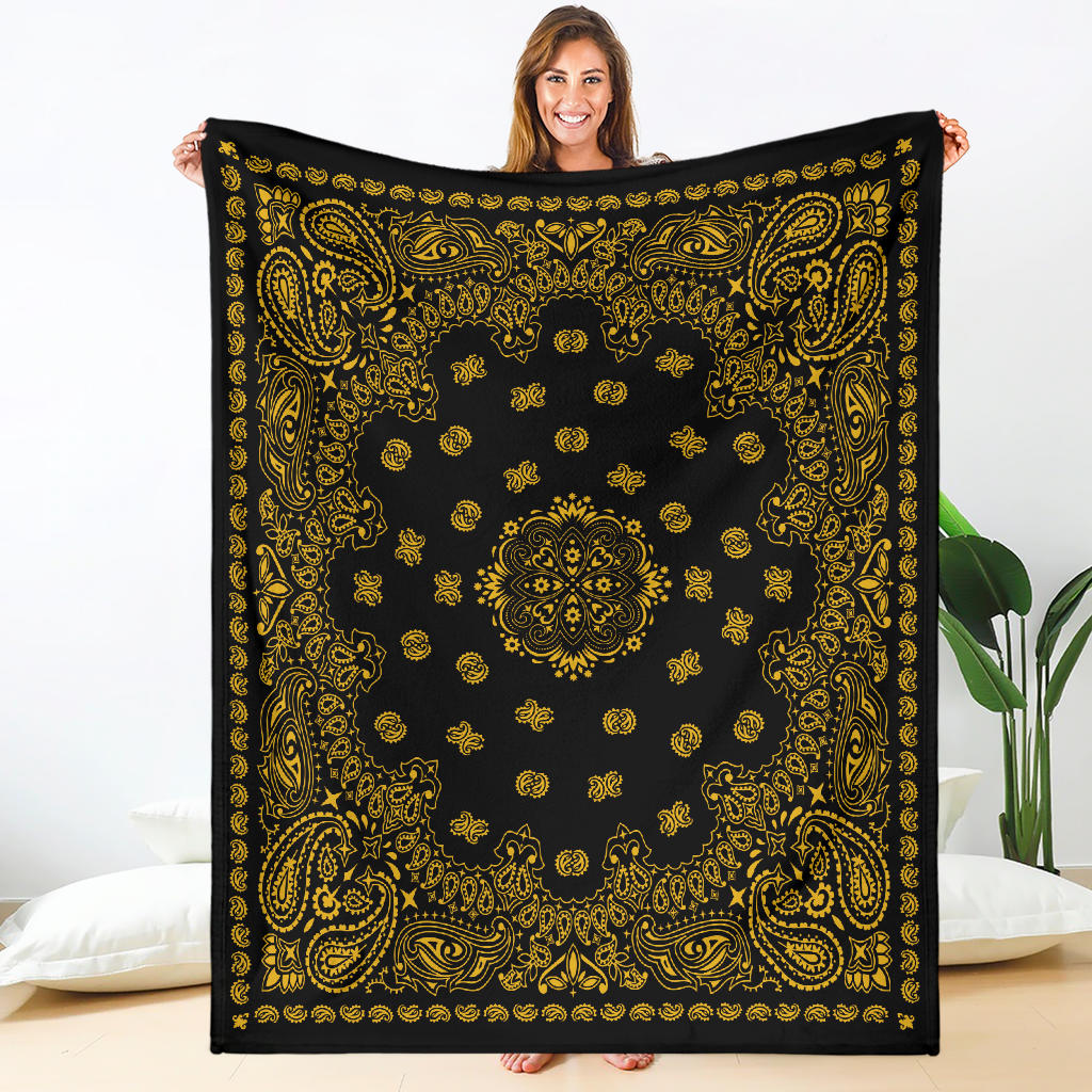 Ultra Plush 2 Gold on Black Bandana Throw Blanket