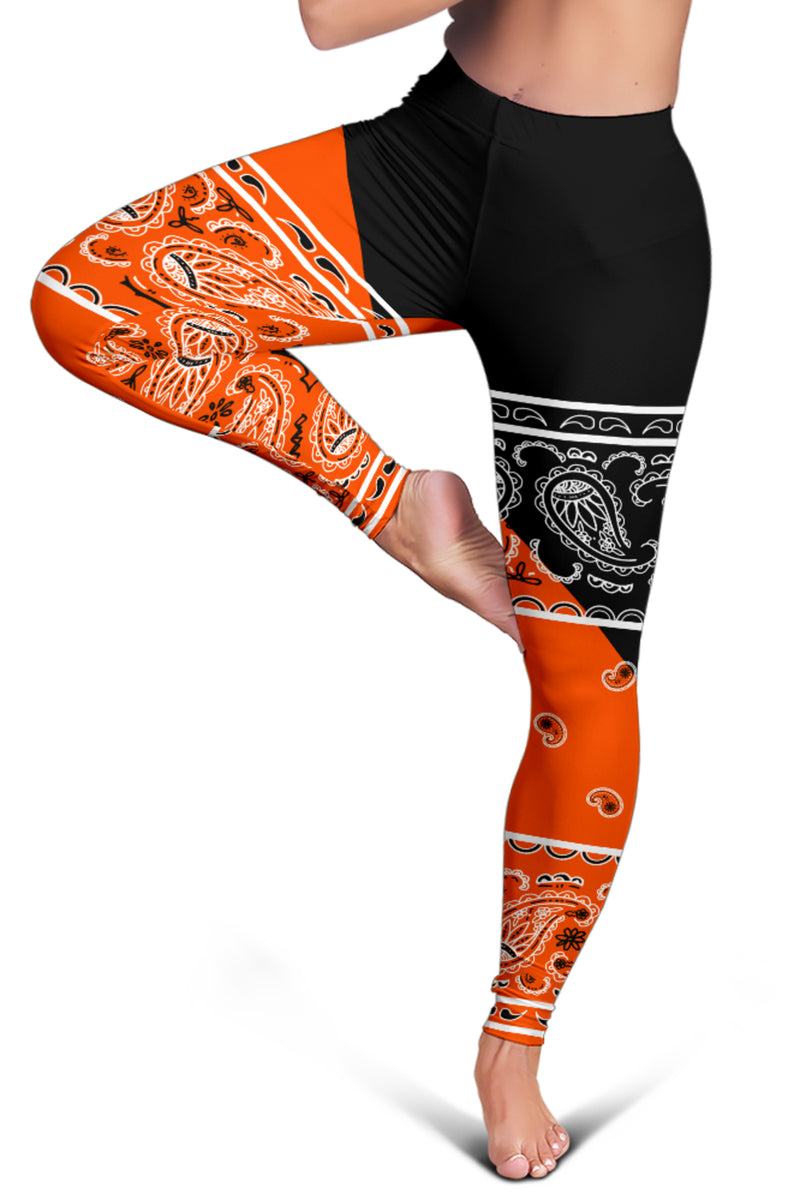 Women's Leggings - Orange Black Bandana