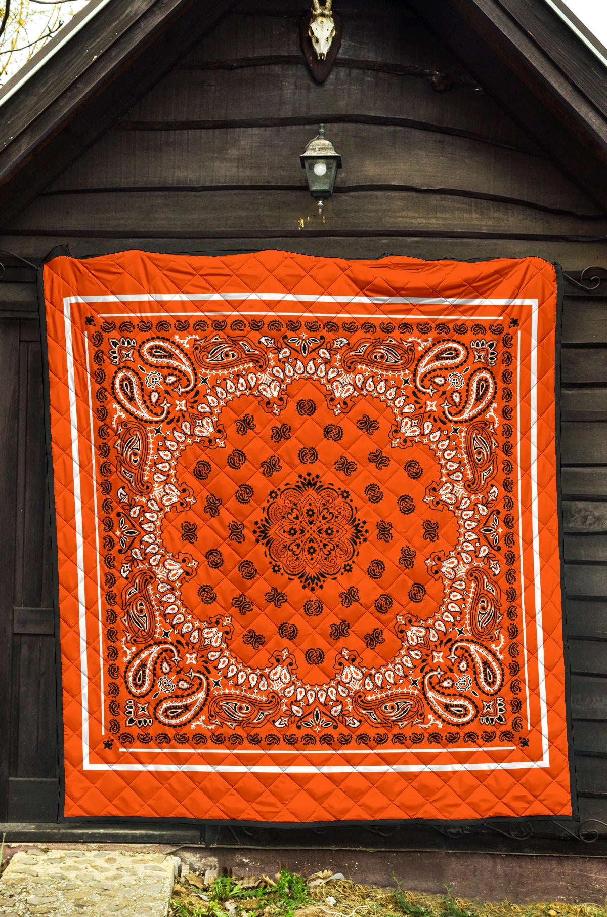 Quilt 2 Black and White on Perfect Orange, White Sq.