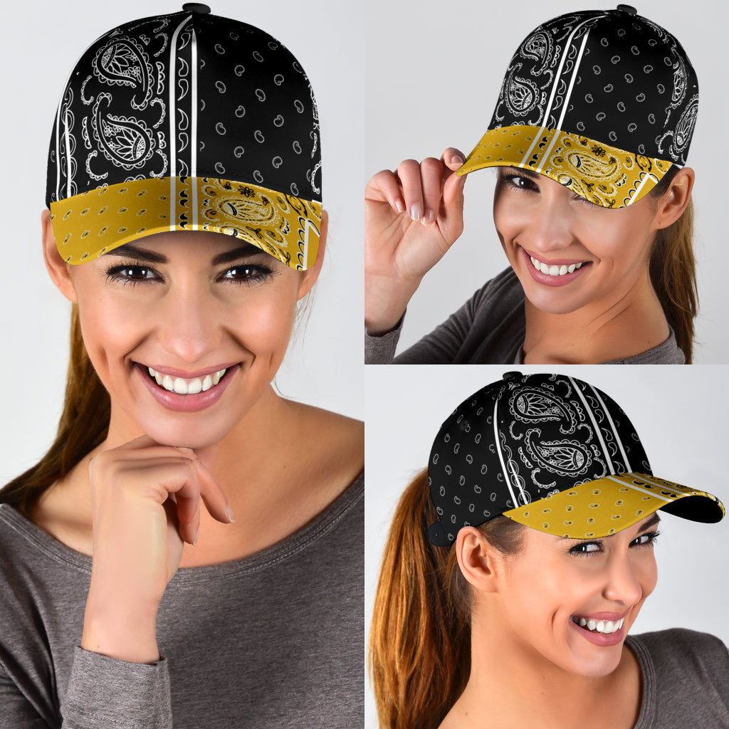 Classic Cap - Black Bandana Style w Gold Bill