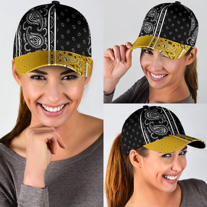 Classic Cap - Black Bandana Style w Gold Bill