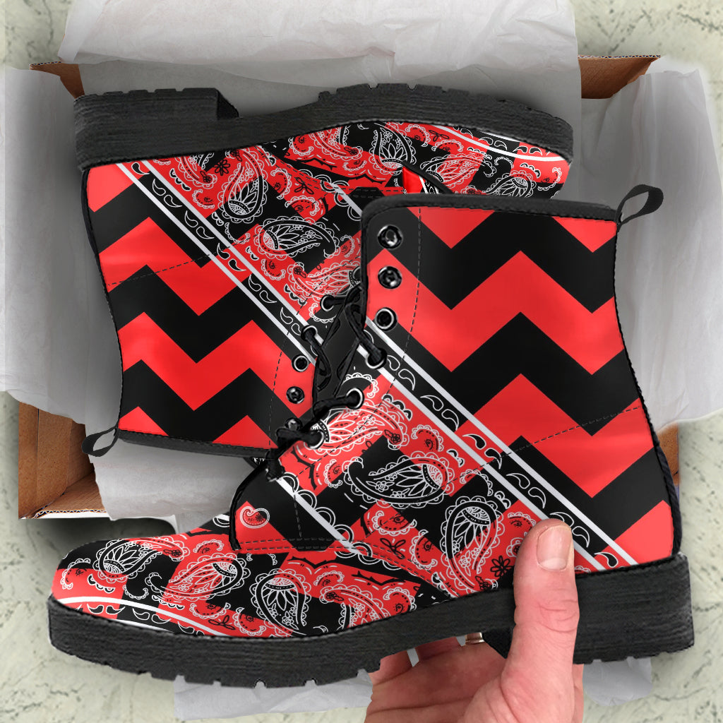 Flying V Zig Zag Leather Bandana Boot - Red Black
