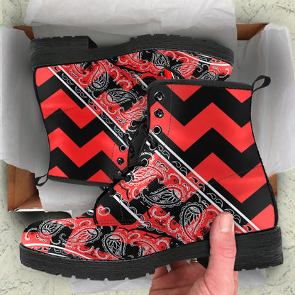 Flying V Zig Zag Leather Bandana Boot - Red Black