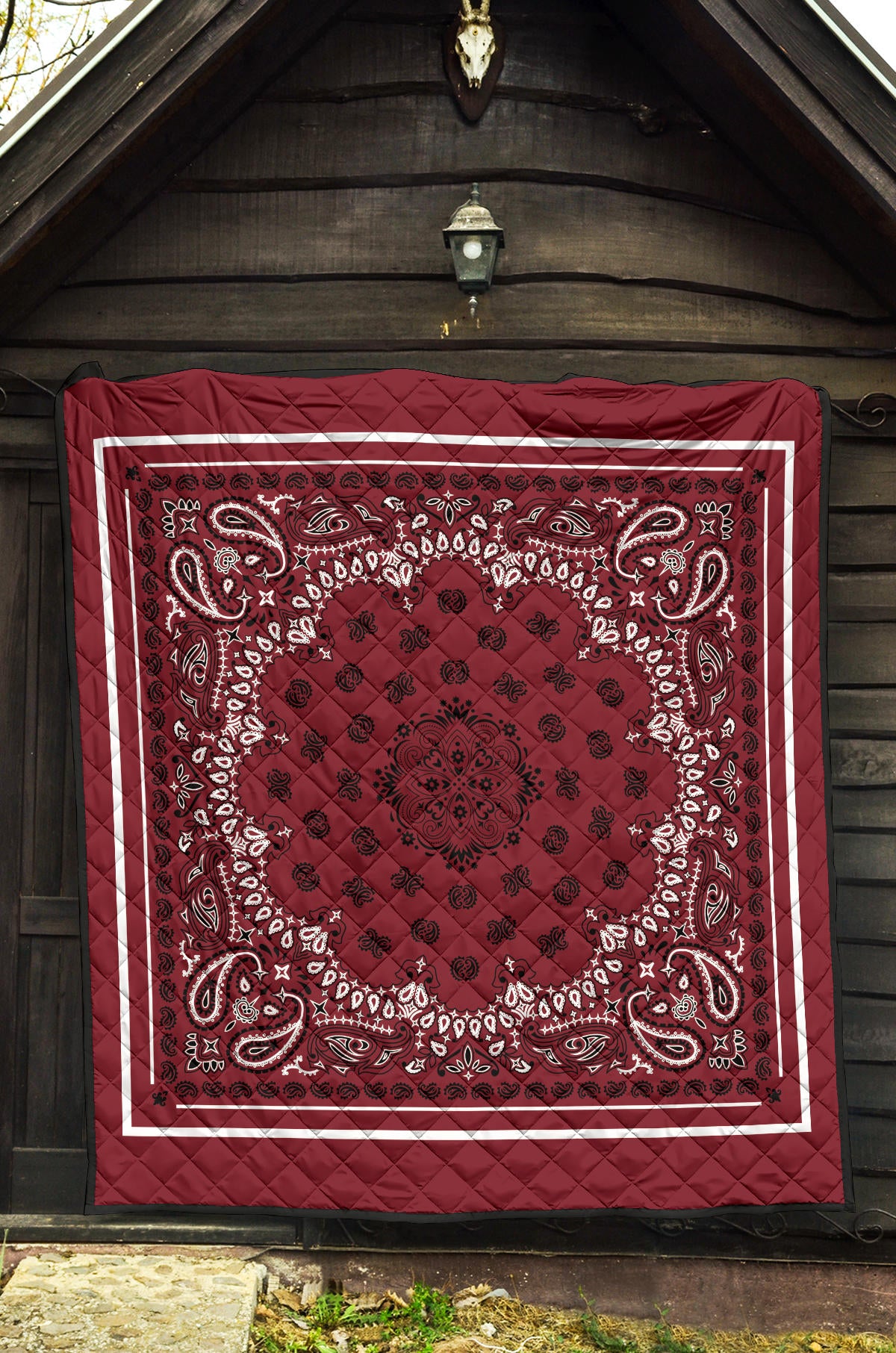 Quilt 2 Black White on Maroon, White Sq