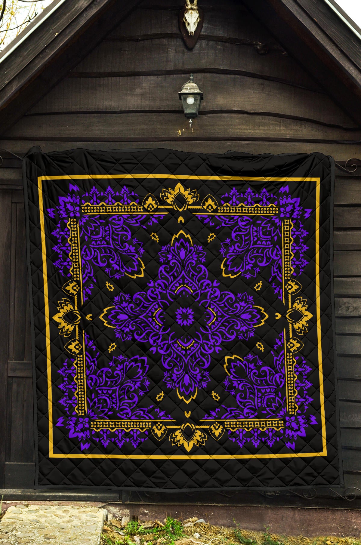 Quilt 3 Violet Gold Bandana on Black w Sq