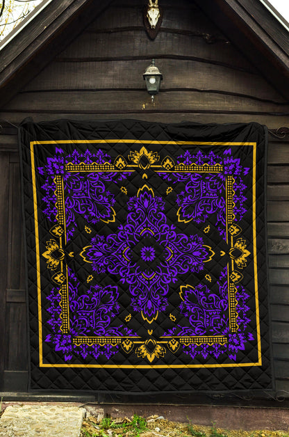 Quilt 3 Violet Gold Bandana on Black w Sq