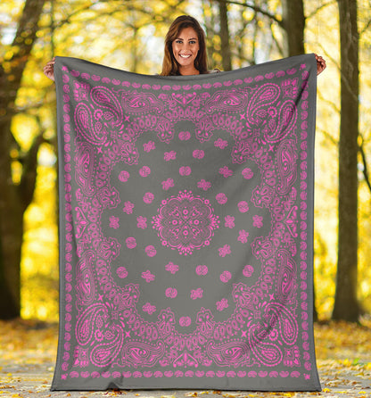 Ultra Plush 2 Pink on Gray Bandana Throw Blanket