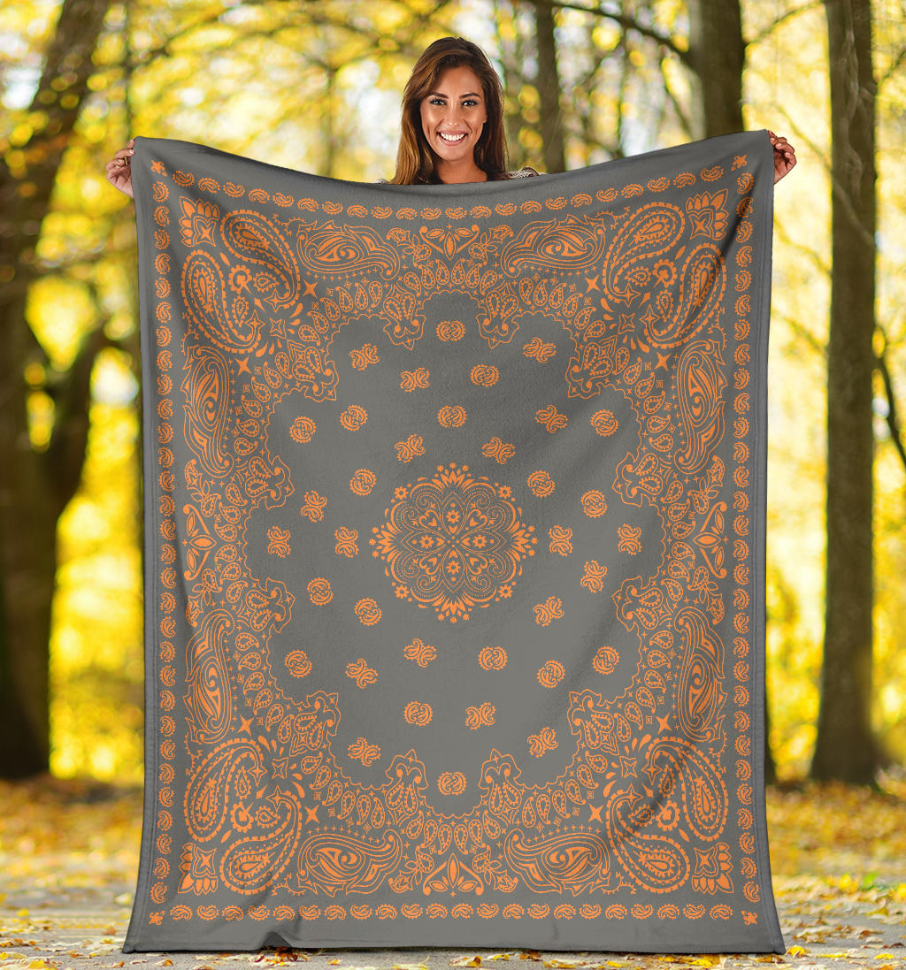 Ultra Plush 2 Orange on Gray Bandana Throw Blanket