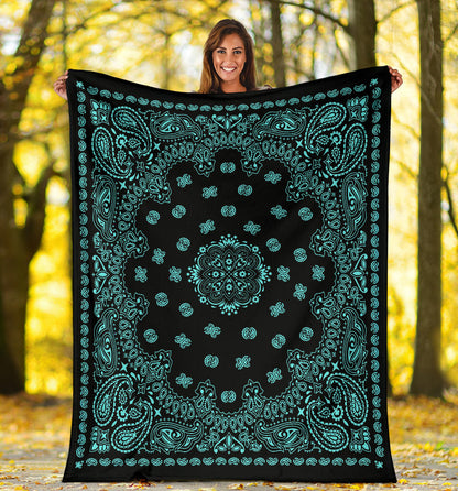 Ultra Plush 2 Lt Teal on Black Bandana Throw Blanket