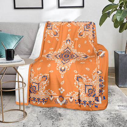 Ultra Plush 3 White/Blue on Orange Bandana Throw Blanket
